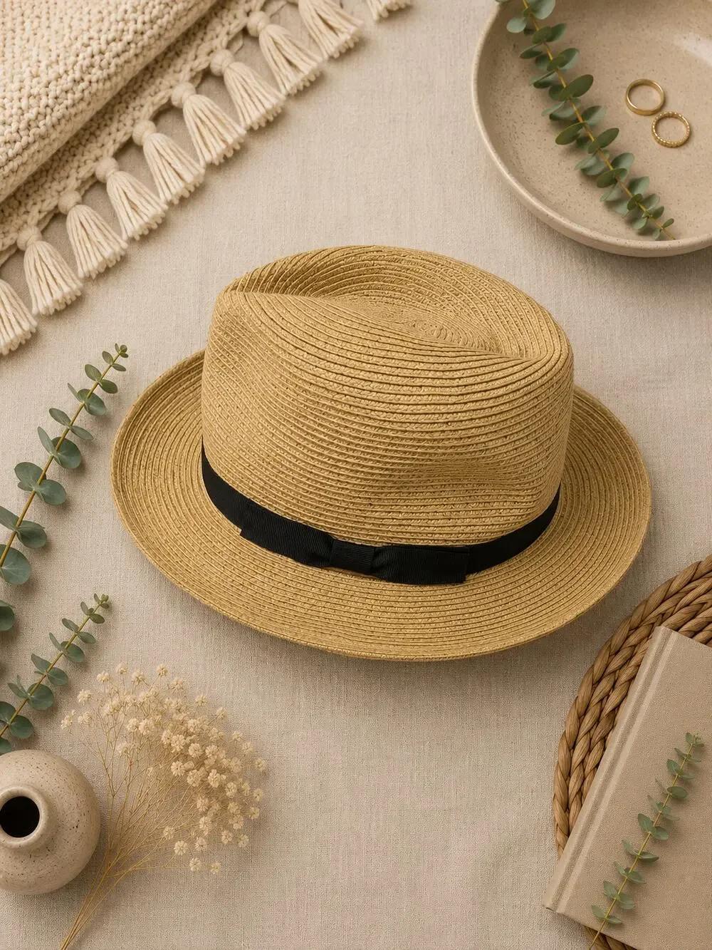 Milsa Straw Fedora Hat Tan Black Ribbon Bow 57.5cm Wide Brim Summer Sun Hat